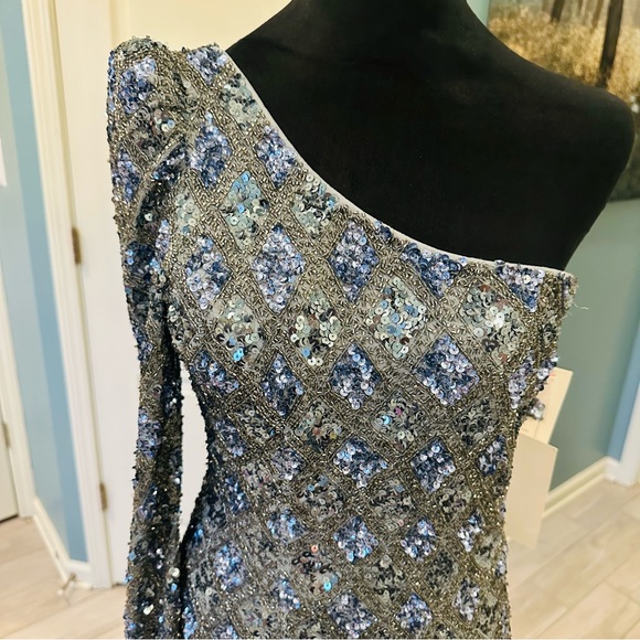 NWT Mac Duggal Sz 6 5479 Embellished One Shoulder Asymmetrical Gown Slate $798 - Picture 8 of 17